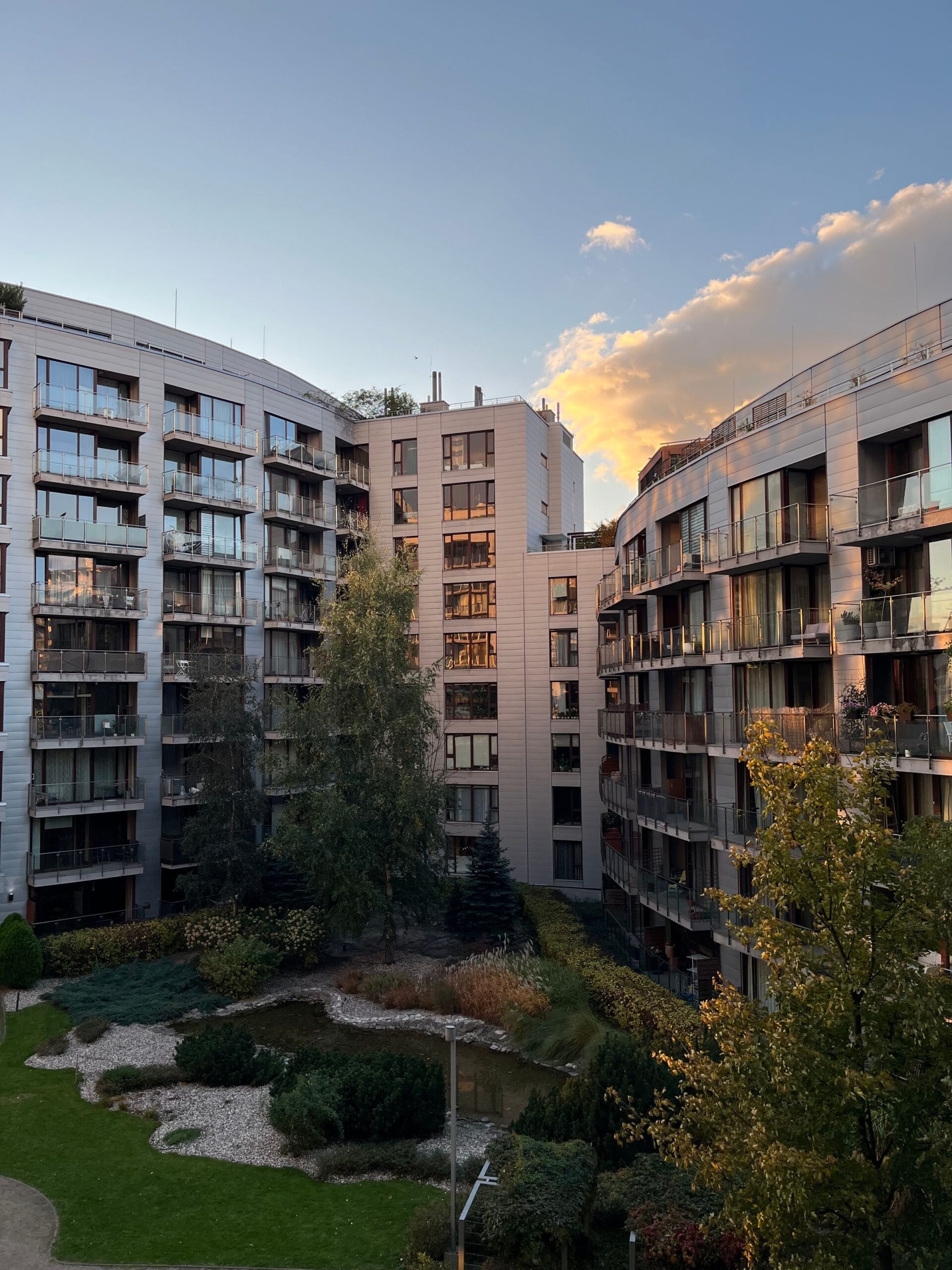 Modern residential development in Warsaw at sunset