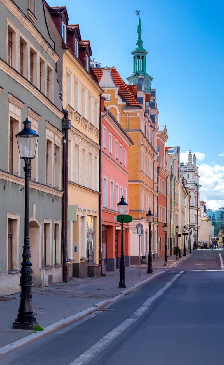 Colourful residential street and apartment buildings in Warsaw