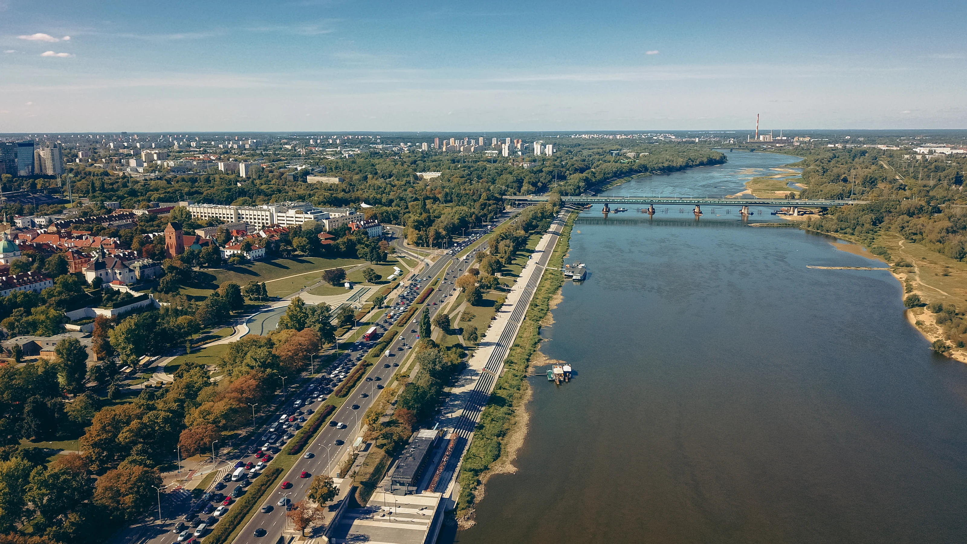 Warsaw residential districts and green waterfront beside the Vistula